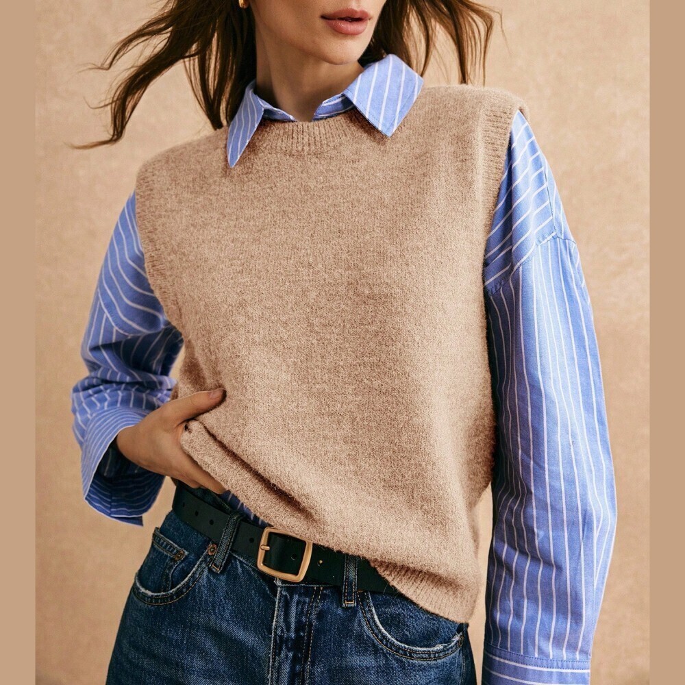 Tan Knit Crew Neck Sweater Vest
